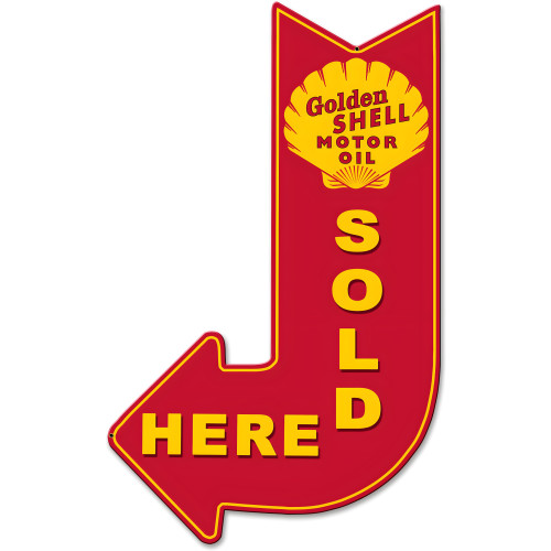 Shell Motor Oil sold here arrow metal sign - 15" x 24"