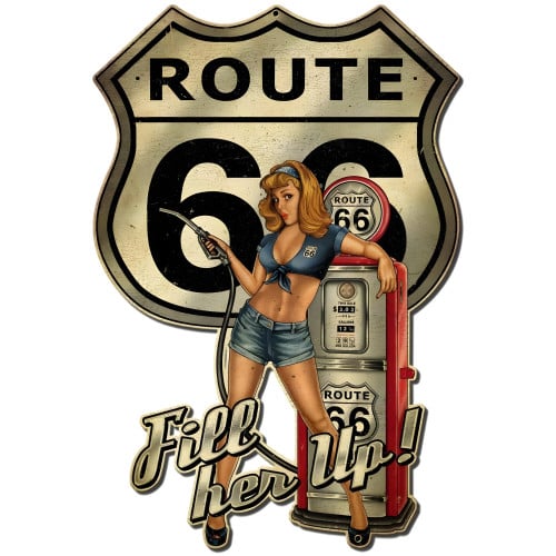 Route 66 Fill Er Up Grunge Metal Sign - 16" x 24" Custom Shape
