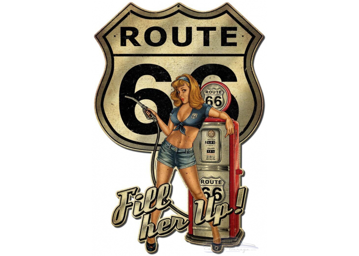 Route 66 Fill Er Up Grunge Metal Sign - 16" x 24" Custom Shape