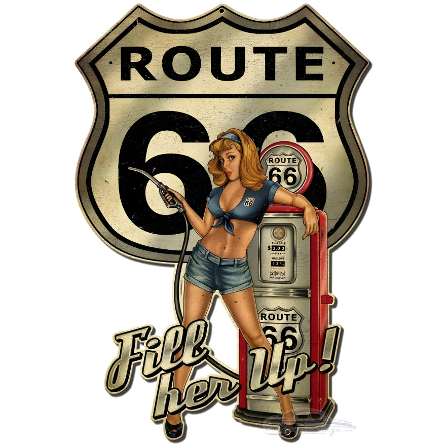 Route 66 Fill Er Up Grunge Metal Sign - 16" x 24" Custom Shape