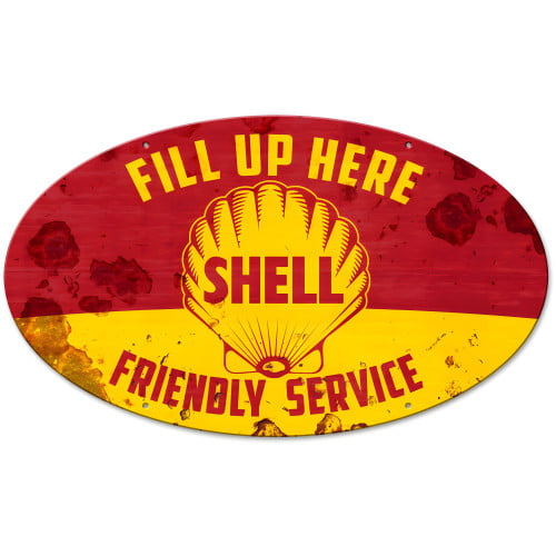 Fill Up Here Friendly Service Shell Metal Sign - 24" x 14"