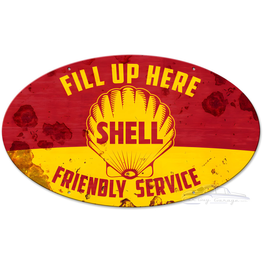 Fill Up Here Friendly Service Shell Metal Sign - 24" x 14"