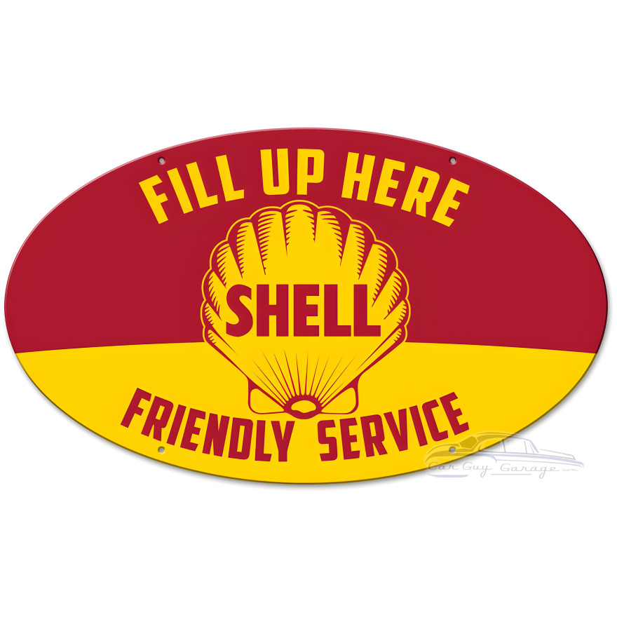 Fill Up Here Friendly Service Shell Grunge Metal Sign - 24" x 14"