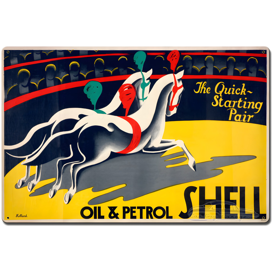 The Quick Starting Pair Shell Oil Horses Metal Sign - 24" x 16"