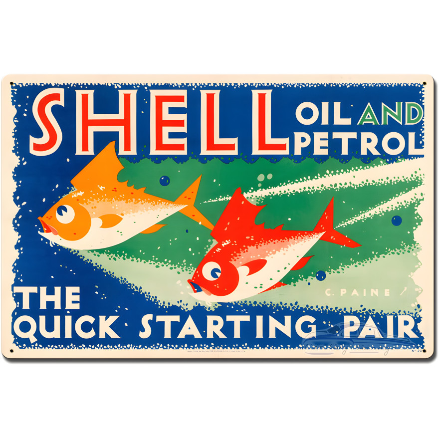 The Quick Starting Pair Shell Oil Fish Metal Sign - 24" x 16"