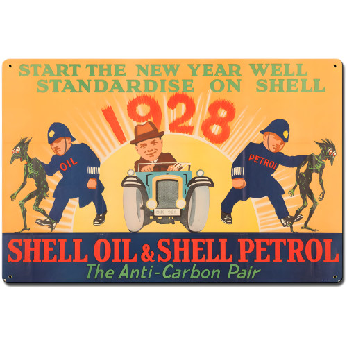Shell Oil Petrol Fight Carbon Anti-Carbon Pair Metal Sign - 24" x 16"