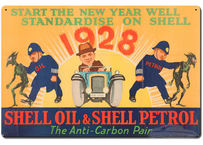 Shell Oil Petrol Fight Carbon Anti-Carbon Pair Metal Sign - 24" x 16"