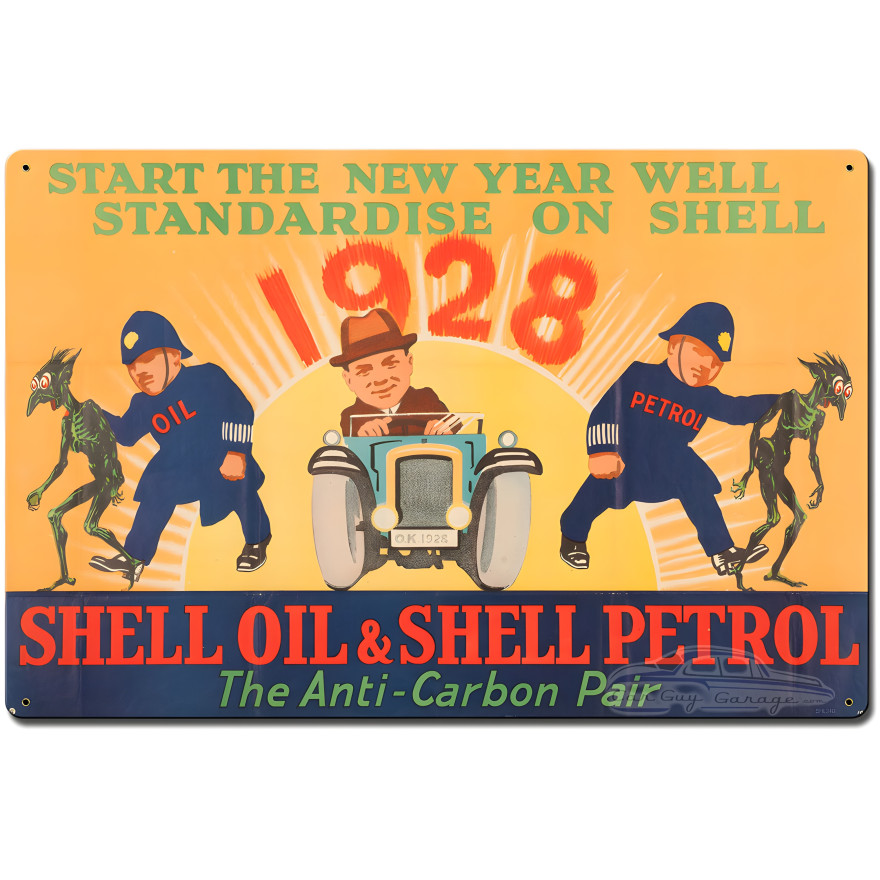 Shell Oil Petrol Fight Carbon Anti-Carbon Pair Metal Sign - 24" x 16"