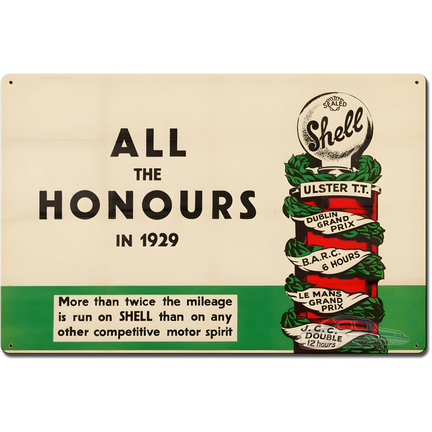 Shell All the Honors 1929 Metal Sign - 24" x 16"
