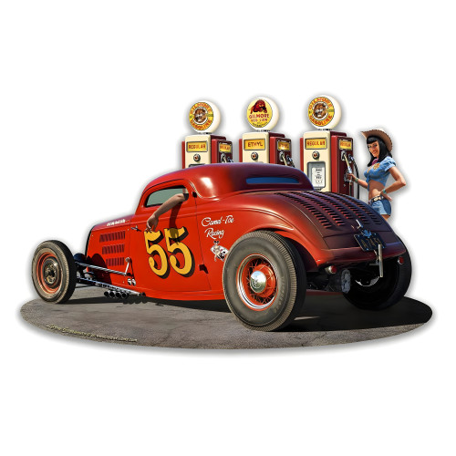 1933 Ol' Skool Coupe with Pump Girl Metal Sign - 24" x 14"