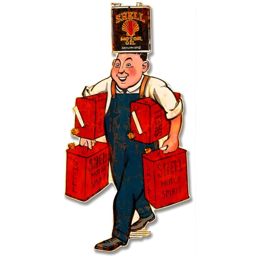 Shell Motor Spirit Holding Man Grunge Metal Sign - 23" x 11"