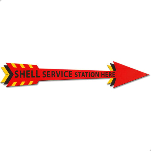 Shell Service Station Here Metal Arrow Sign - 28" x 5"