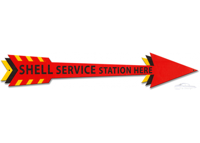 Shell Service Station Here Arrow Metal Sign - 28" x 5"