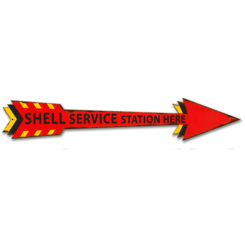 Shell Service Station Here Arrow Grunge Metal Sign - 28" x 5"