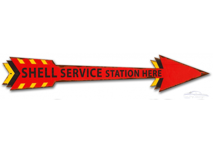 Shell Service Station Here Arrow Grunge Metal Sign - 28" x 5"