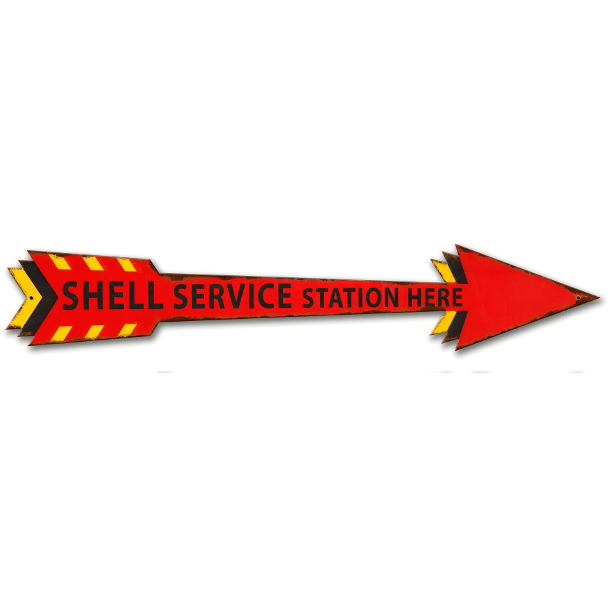 Shell Service Station Here Arrow Grunge Metal Sign - 28" x 5"