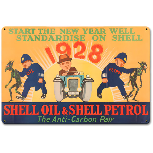 Shell Oil Petrol Fight Carbon Anti-Carbon Pair Metal Sign - 18" x 12"