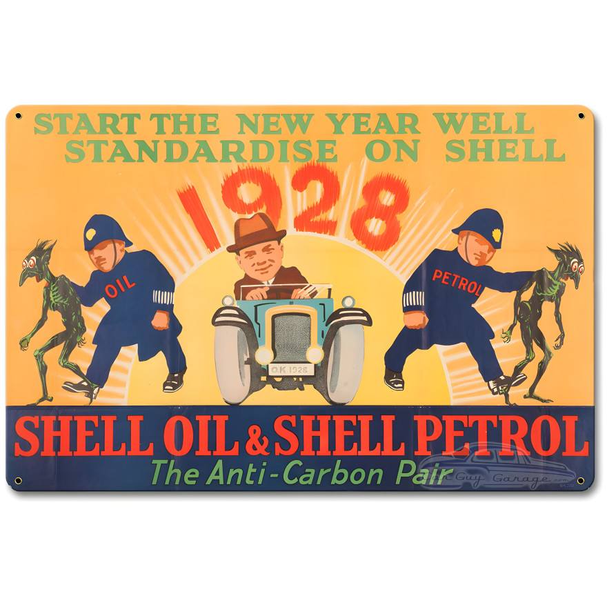 Shell Oil Petrol Fight Carbon Anti-Carbon Pair Metal Sign - 18" x 12"