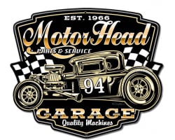 Motor Head Garage Metal Sign - 14" x 12"