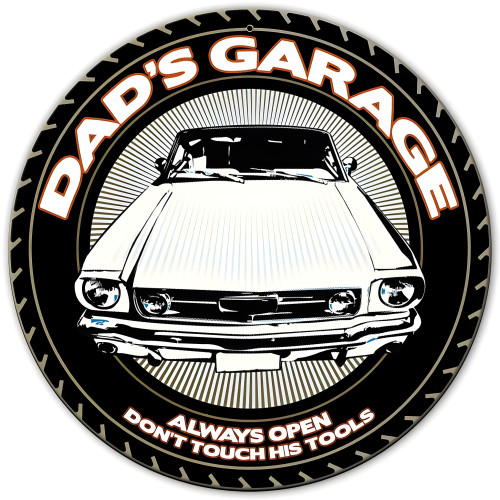 Dad's Garage Always Open Metal Sign - 14" Round