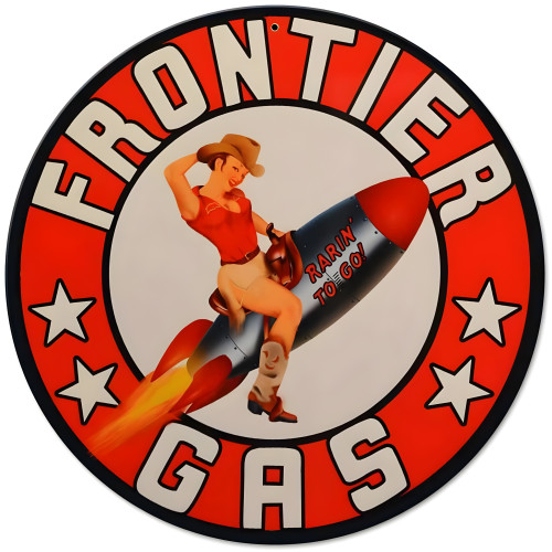 Frontier Rocket Girl Gas Metal Sign - 14" Round