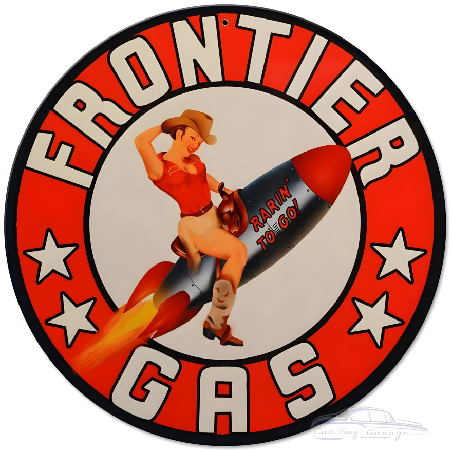 Frontier Rocket Girl Gas Metal Sign - 14" Round