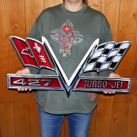 Chevrolet Corvette 427 Turbo-Jet Crossed Flags Metal Sign 28x14