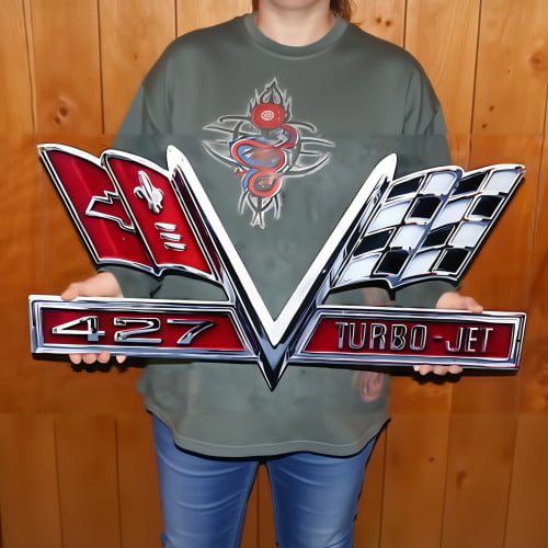 Chevrolet Corvette 427 Turbo-Jet Crossed Flags Metal Sign 28x14