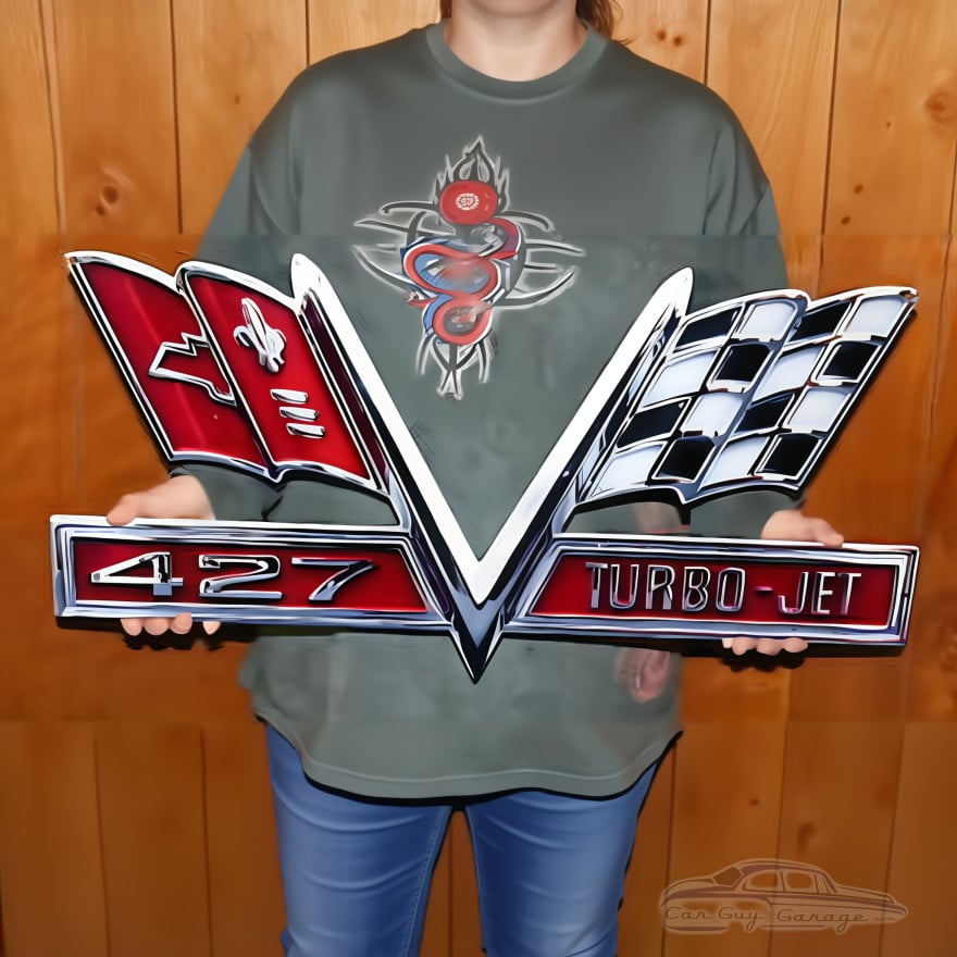 Chevrolet Corvette 427 Turbo-Jet Crossed Flags Metal Sign 28x14