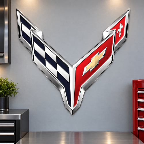 Corvette Metal Sign C8 Crossed Flags Wall Art 36x35
