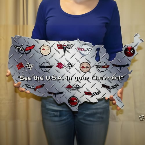 Corvette Metal Sign USA Map Chevrolet Garage Wall Art