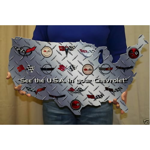 Corvette USA Map Steel Sign See the U.S.A. in Your Chevrolet 24x14