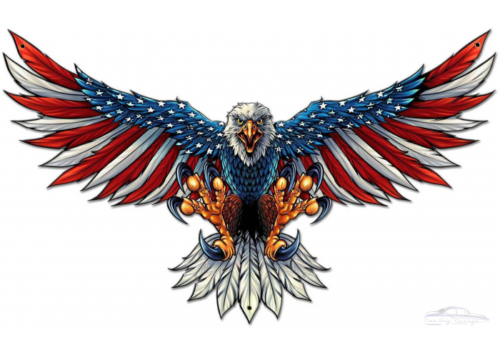 Eagle with US Flag Wing Spread Metal Sign - 21" x 12"