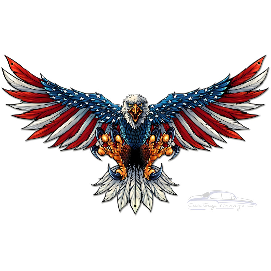 Eagle with US Flag Wing Spread Metal Sign - 21" x 12"