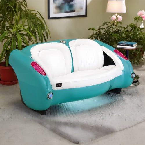 1957 Sea Green Corvette with Bright White Leather Couch