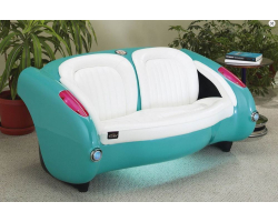 1957 Sea Green Corvette with Bright White Leather Couch