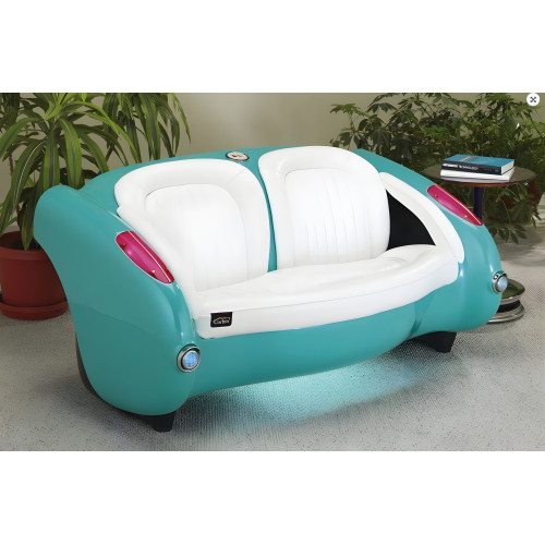 1957 Sea Green Corvette with Bright White Leather Couch