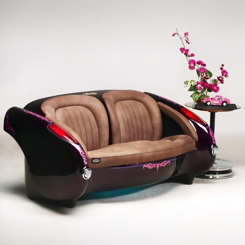 1957 Deep Purple Corvette with Caramel Brown Leather Couch