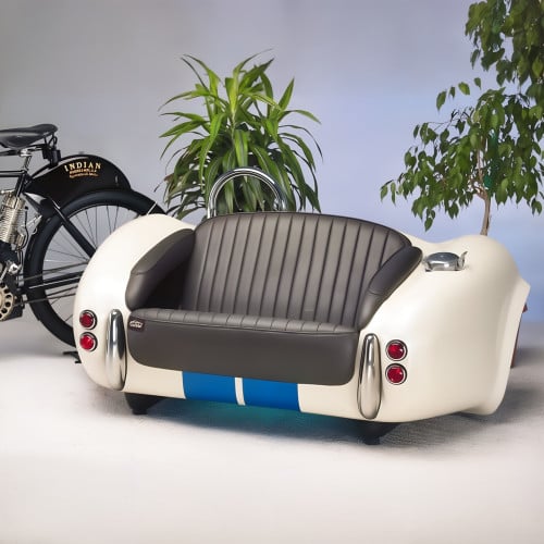 Bright White and Blue Cobra with Black Leather Couch