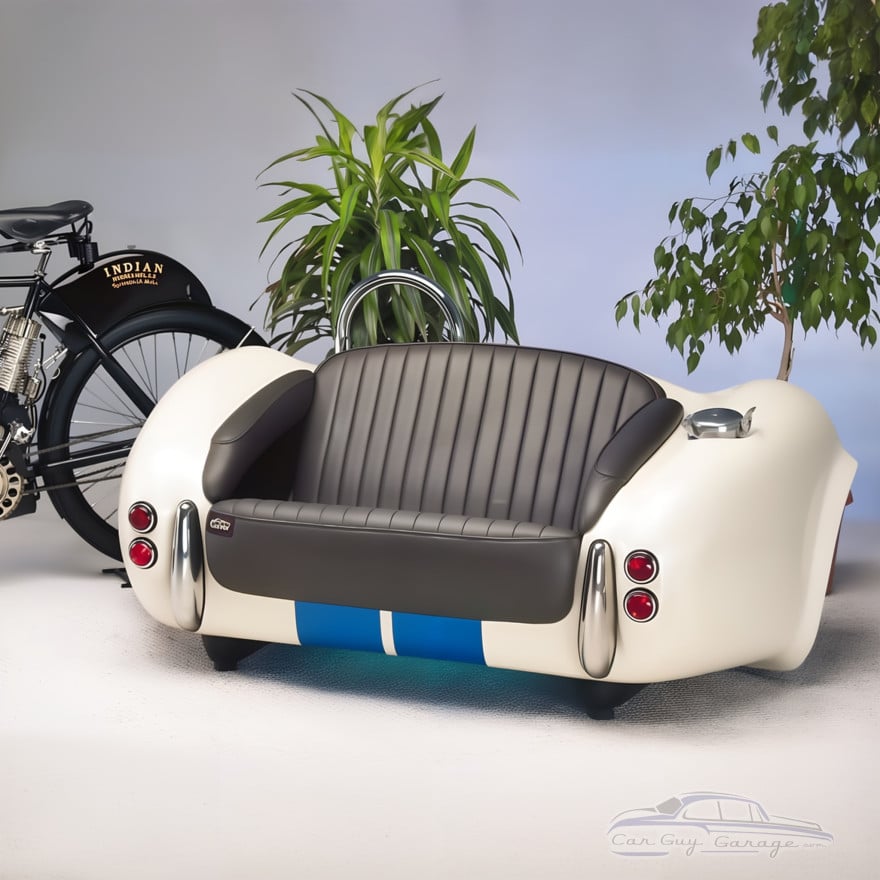 Bright White and Blue Cobra with Black Leather Couch Bright White and Blue Cobra with Black Leather Couch