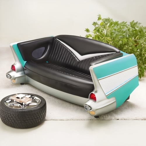 Turquoise 1957 Chevy with Black Couch