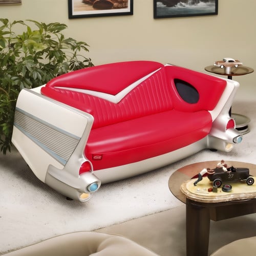 White 1957 Chevy with Red Couch