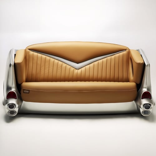 Silver 1957 Chevy with Tan Couch