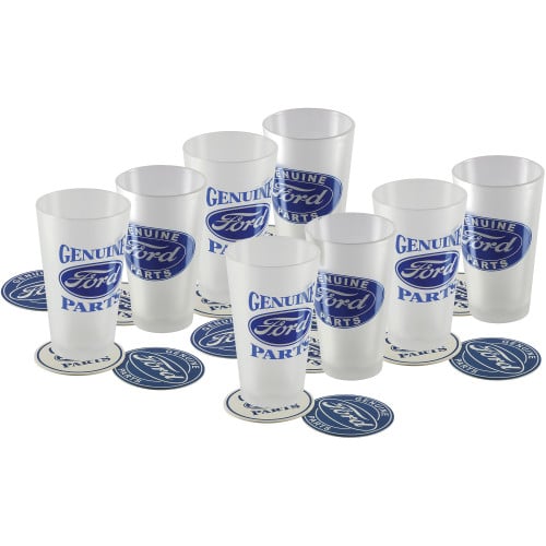 Set of 8 Ford Pint Glasses with 16 Coasters