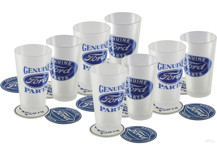 Set of 8 Ford Pint Glasses with 16 Coasters