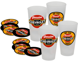 Set of 4 Chevrolet Pint Glasses with 8 Coasters