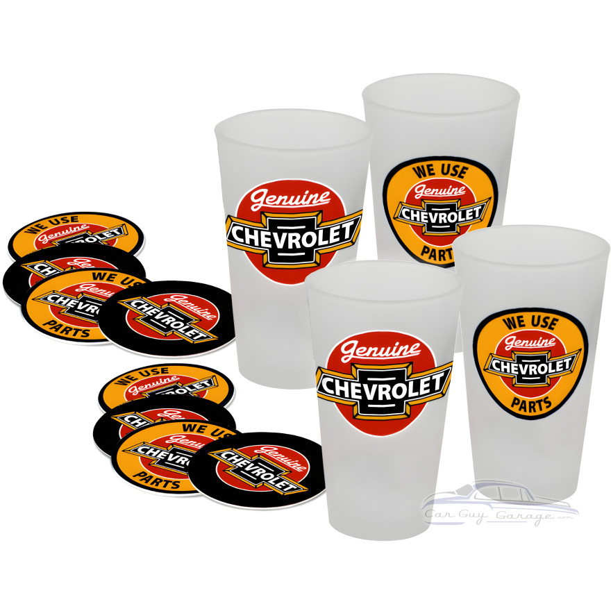 Set of 4 Chevrolet Pint Glasses with 8 Coasters Set of 4 Chevrolet Pint Glasses with 8 Coasters