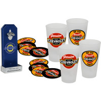Chevrolet Bottle Opener with 4 Pint Glasses and 8 Coasters