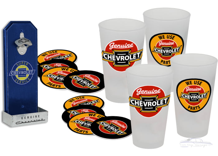 Chevrolet Bottle Opener with 4 Pint Glasses and 8 Coasters