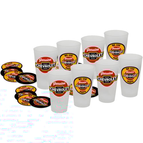 8 Chevrolet Pint Glasses with 16 Coasters